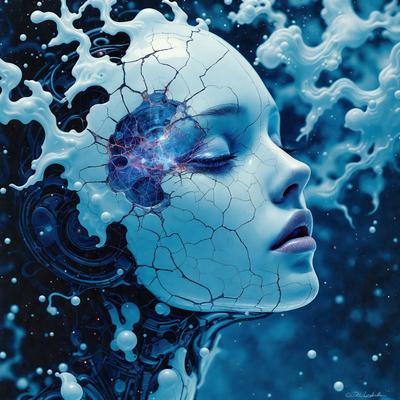 The primary subject of the image is a woman with a broken, cracked, or damaged head. She is surrounded by a blue, swirling, and splashing background, which adds to the overall mood of the scene. The visual style of the image is a combination of digital art and illustration, creating a surreal and intriguing atmosphere. The colors in the image are predominantly blue, which contributes to the calming and serene mood of the scene.